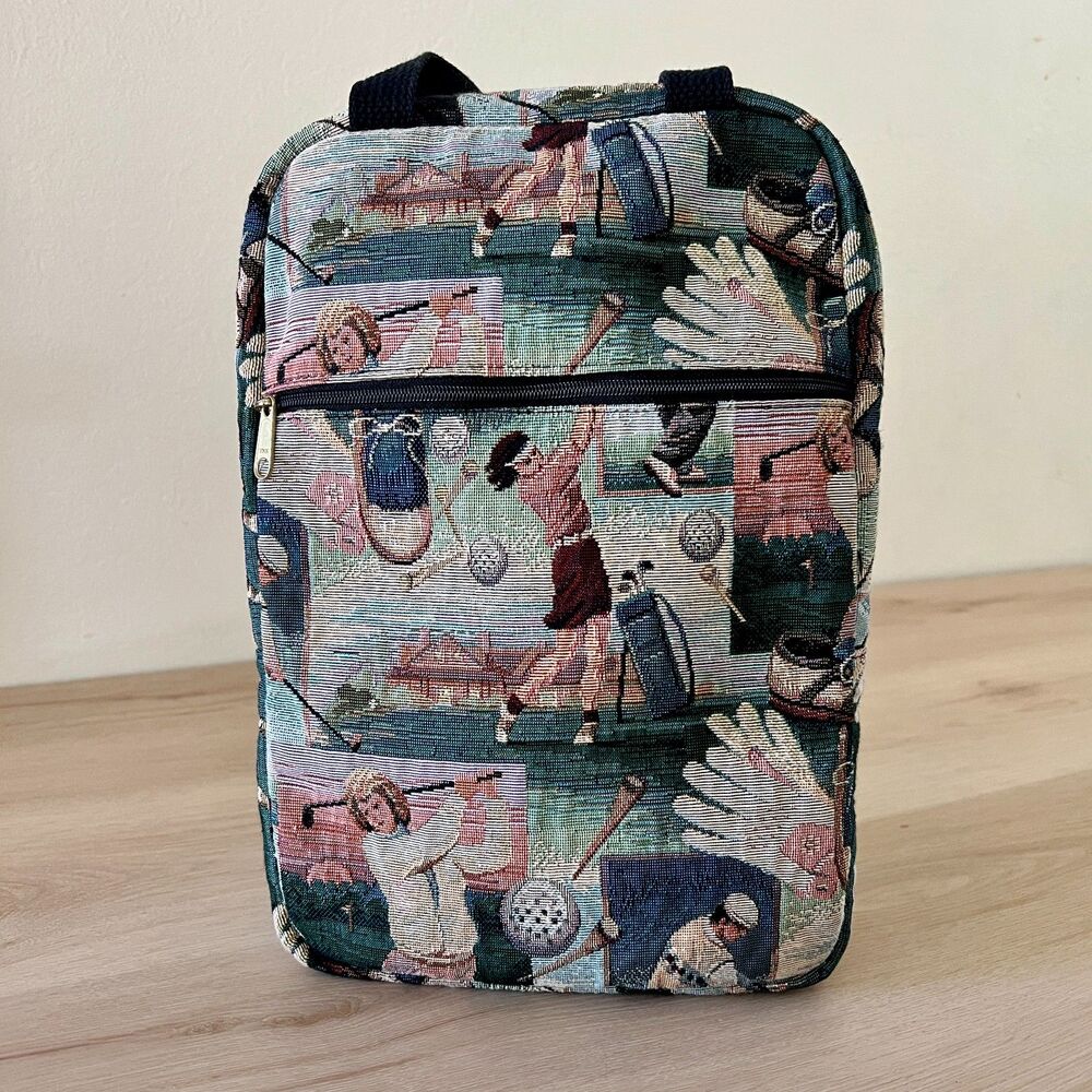 VTG 90s Preppy Golf Theme Jacquard Tapestry Top Handle Travel Bag Marlo Sport